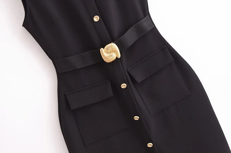 MUJER 2025 Abiti da donna Abiti lunghi da ufficio neri per le donne Abito longuette senza maniche primaverile Donna Cintura con bottoni Abito da donna Gilet