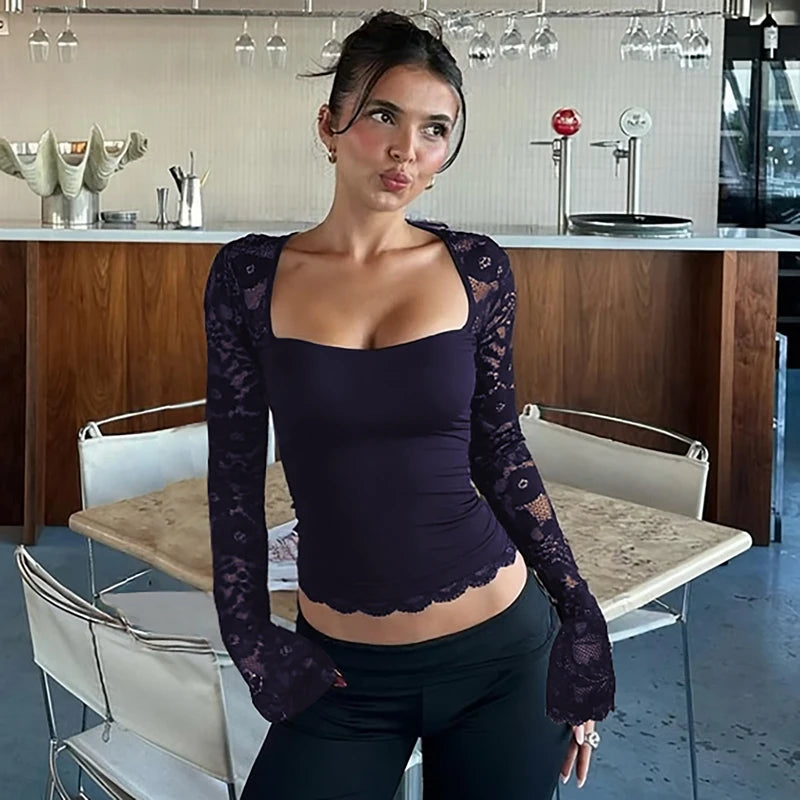 Hugcitar T-shirt corta sexy a maniche lunghe in pizzo patchwork con colletto quadrato moda donna Top velato per le vacanze estive Night Club