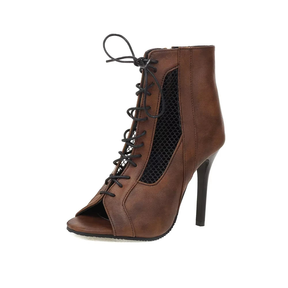 Fashion Summer Jazz Dance Shoes Peep Toe Ankle Boots For Women Sexy High Heels Lace-up Black White Sandals Female