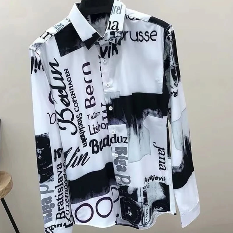 Primavera autunno Y2K Hippie moda camicia a maniche lunghe uomo Casual allentato stampa Harajuku top bottone Patchwork tutti i vestiti maschili abbinati