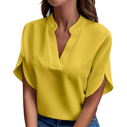 Hauts d'été pour femmes Blouse 2024 Mode Manches courtes Unies Col en V Chemises et blouses amples Élégantes Dames Hauts blancs