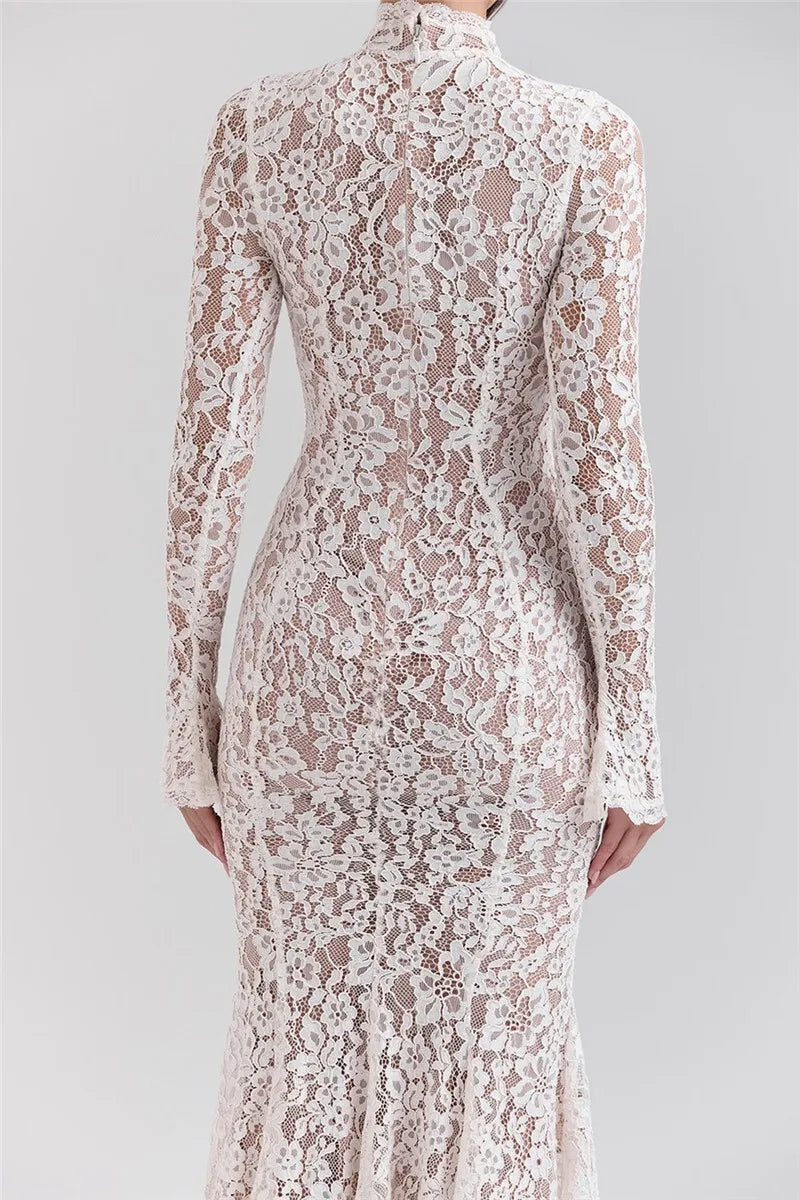 Abito longuette sexy a maniche lunghe in pizzo Mozision per donna Elegante abito lungo sexy da festa aderente a vita alta con collo a metà alto bianco