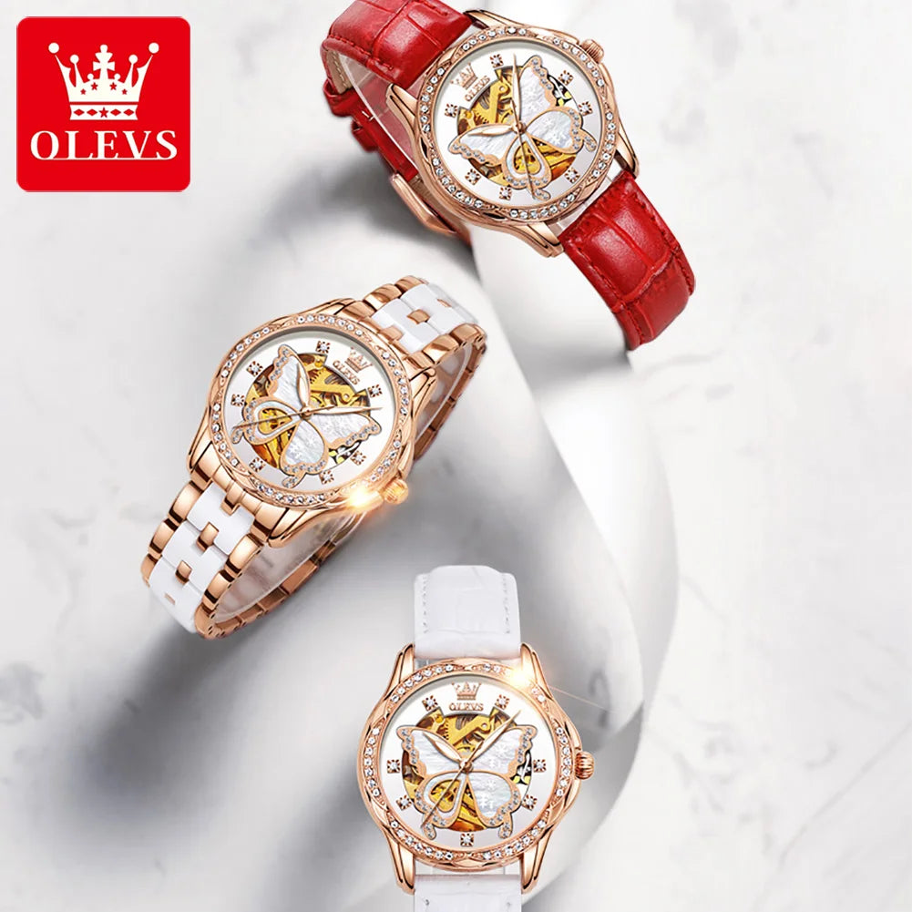 OLEVS 6622 Orologio da donna con quadrante a farfalla Orologio meccanico impermeabile di lusso per donna Orologio da polso automatico con cinturino in ceramica cava