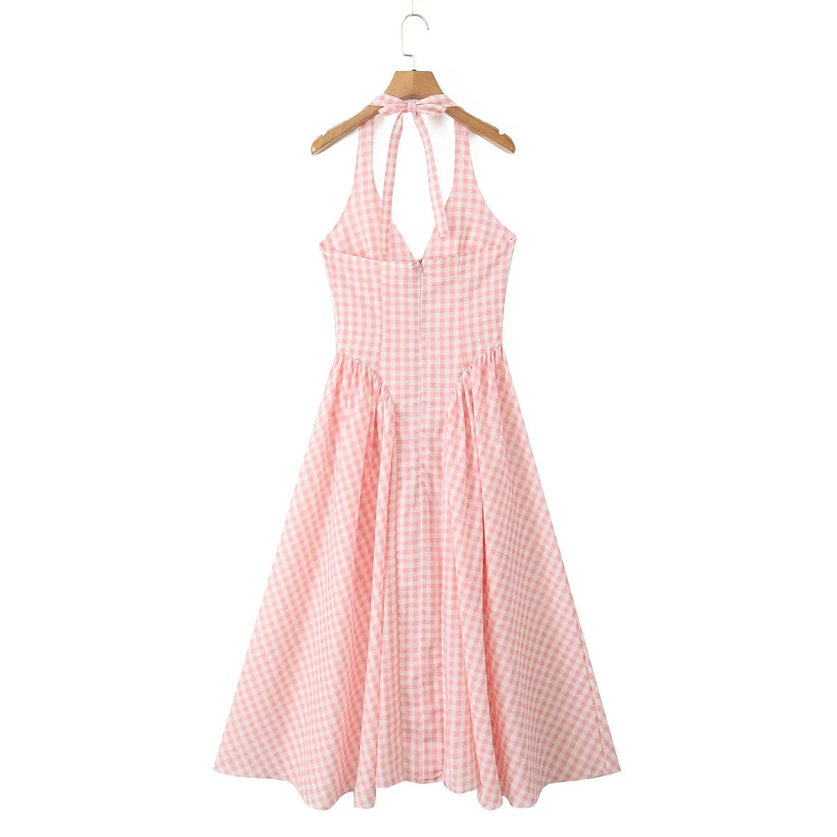 YENKYE Abito estivo da donna sexy senza schienale scozzese rosa con scollo all'americana a vita bassa Abiti da festa eleganti Abito da vacanza