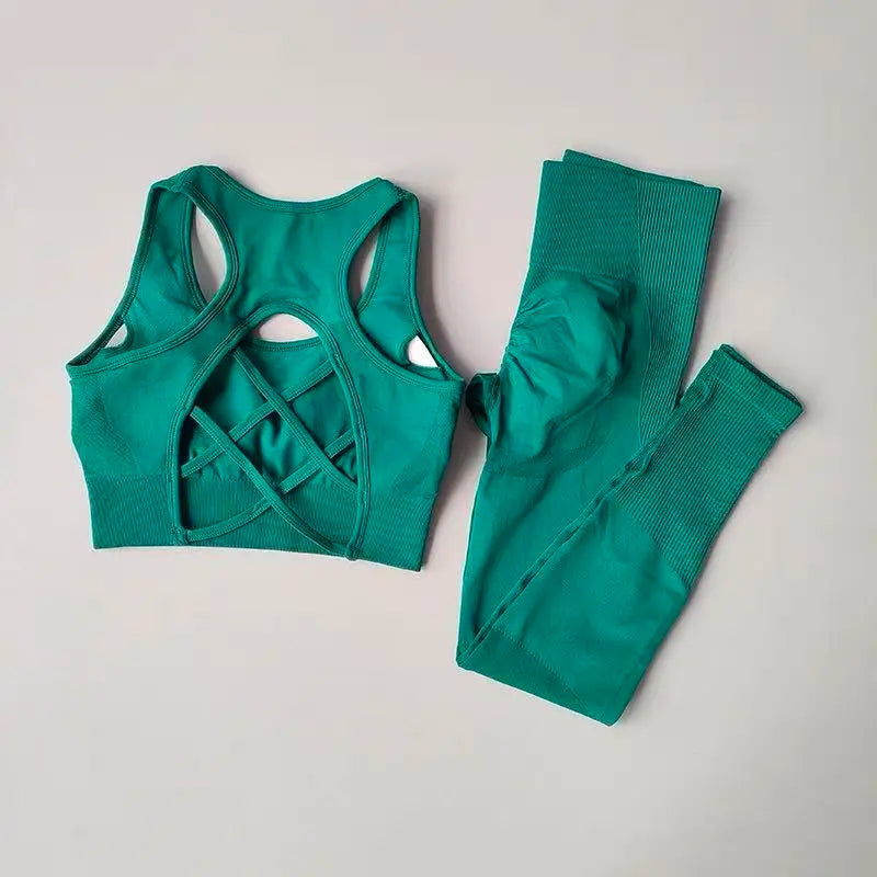 2PCS Sports Bra Women's Set Professional Fitness Tank Top Bra Shockproof Running Leggings Yoga Suit Beautiful Back Bra Clothing