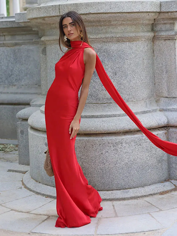 Sciarpa a nastro Halter Abito da donna Spalla inclinata Raso di seta Slim Fit Streamer Grandi abiti sexy senza schienale Abiti lunghi da donna Estate