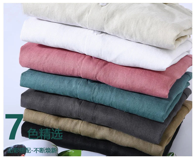 Camicia a maniche lunghe in lino 100% per uomo Primavera Autunno Moda Buona qualità Tinta unita Sottile e traspirante Camicetta con risvolto sano Top maschile