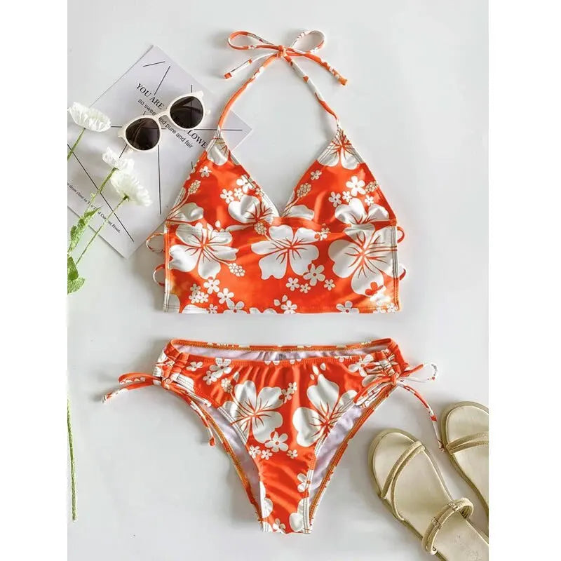 Cikini-Women's Floral Print Halter Bikini Set, Two-Piece Swimsuit, Sexy Swimwear, Beach Bathing Suit, Summer