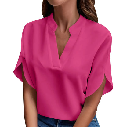 Hauts d'été pour femmes Blouse 2024 Mode Manches courtes Unies Col en V Chemises et blouses amples Élégantes Dames Hauts blancs