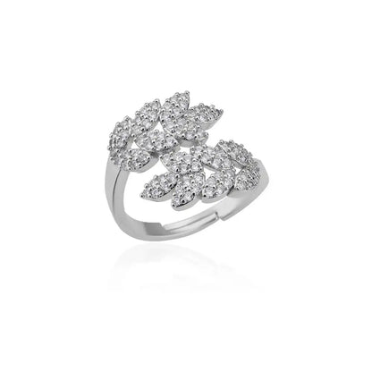 Anelli a foglia a doppio strato con zirconi di lusso per le donne Anello in acciaio inossidabile color oro Boho Coppia gioielli Accessori anelli mujer