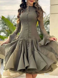 TWOTWINSTYLE Vestito da Donna Irregolare Pieghettato Patchwork Moda Manica Lunga Lanterna Vita Cinching Mini Abiti 2024 Nuovi Abbigliamento