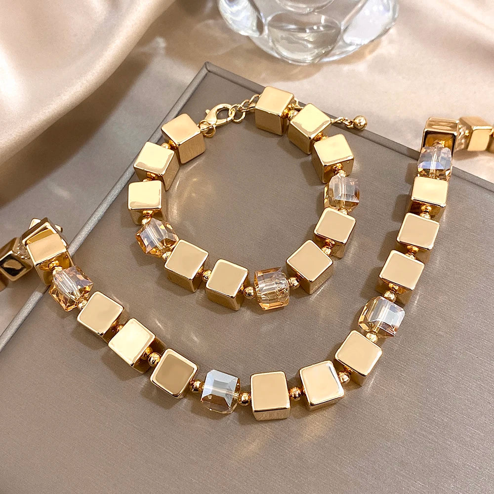 Parure de bijoux pour femmes nouveau design CCB couleur or géométrie cube carré chaîne épaisse collier bracelet bijoux de mode cadeau