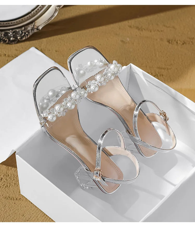 Damen-Sommersandalen 2026 Neu mit Perlen High Heels Pantoletten Mädchen mit Kristallabsatz Trendige transparente Sommerschuhe