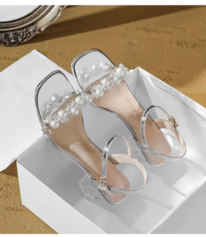 Damen-Sommersandalen 2026 Neu mit Perlen High Heels Pantoletten Mädchen mit Kristallabsatz Trendige transparente Sommerschuhe