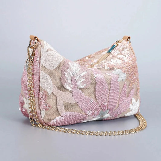 Borse a tracolla da donna con ricamo floreale carino Catene con paillettes alla moda Borsa a tracolla Borsa da spiaggia casual estiva Borsa e portamonete Hobos