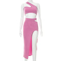 Summer women's fashion temperament slim fit sexy spicy girl outfit solid color slit thread skirt set