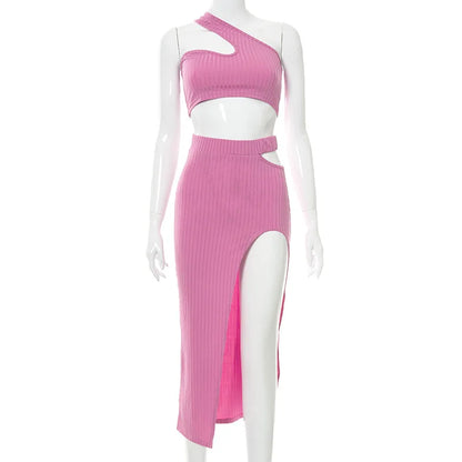 Summer women's fashion temperament slim fit sexy spicy girl outfit solid color slit thread skirt set