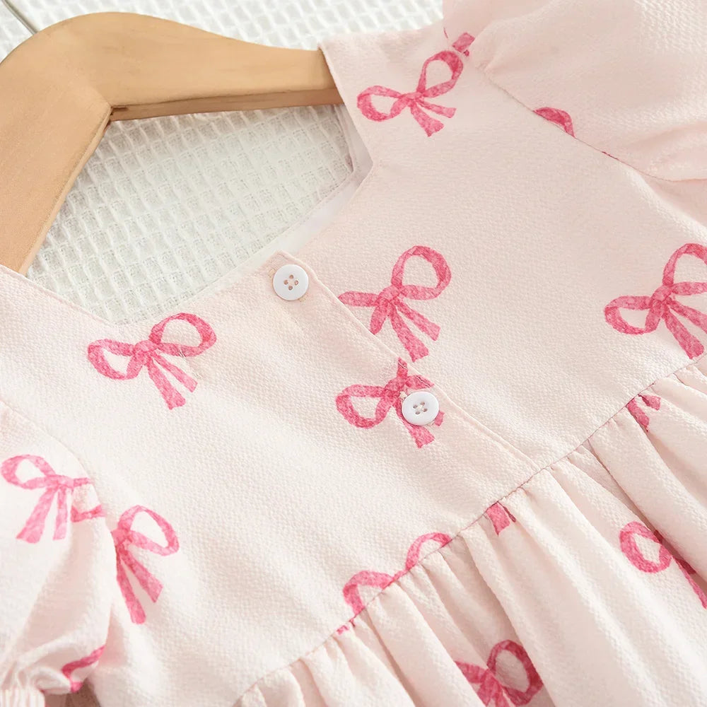 Bear Leader Abiti casual estivi per ragazze a maniche corte Stampa fiocco rosa Collo quadrato Dolce abito da principessa Abbigliamento semplice quotidiano per bambini