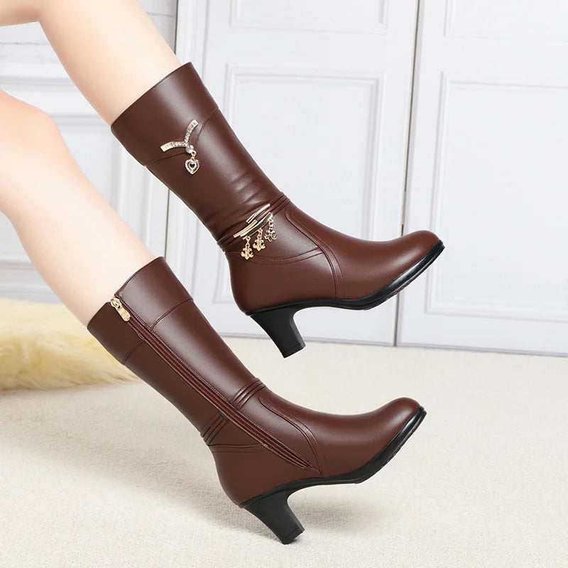 Women Comfortable Fleece Medium Boots Autumn Winter New Style Thick Heel Side Zipper Pointed Fashion High Heels Boots