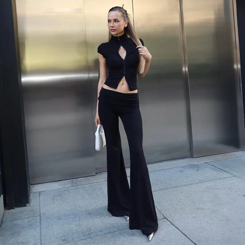 y2k Abito nero con spacco scavato Moda donna Manica corta Solido Collo alto Slim Fit Maxi abiti Lady Evening Party Club Robe