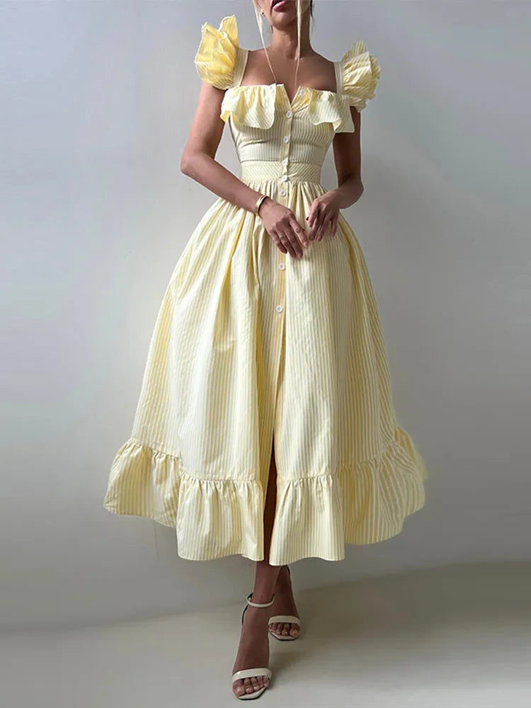 BKQU Abito lungo elegante con maniche volanti a righe con volant Abito lungo da donna chic con colletto quadrato sottile monopetto Abito lungo da festa estivo femminile