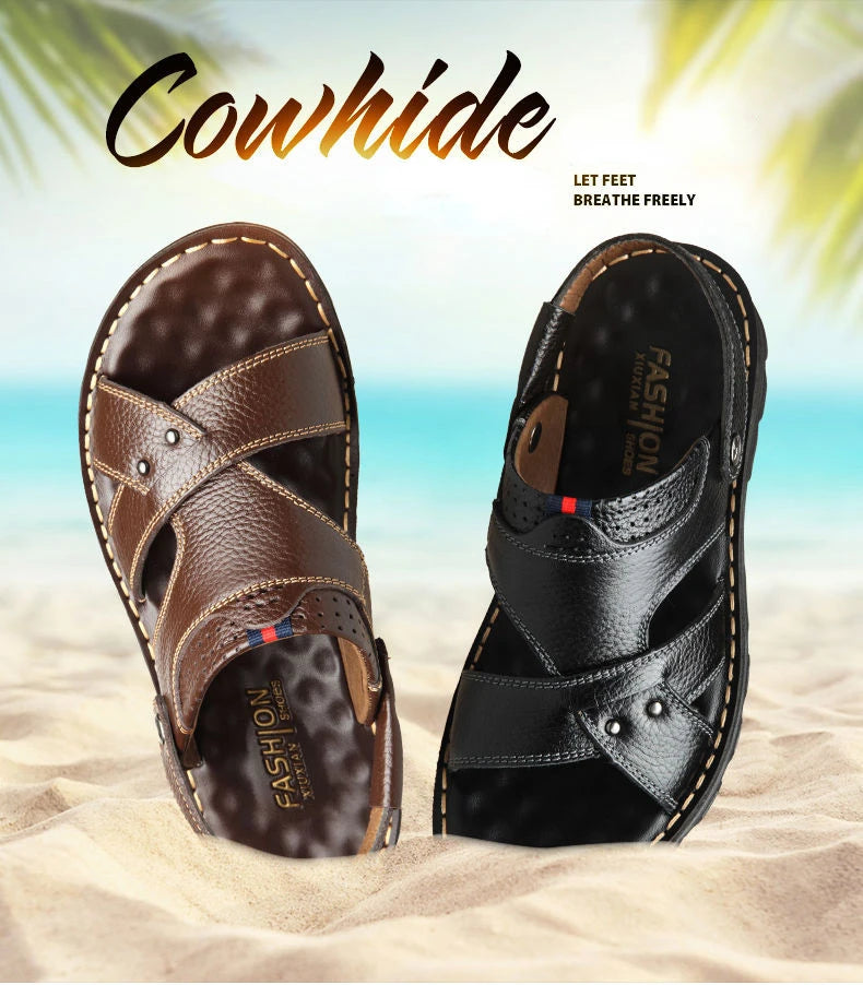 Herren-Ledersandalen für den Sommer, rutschfeste Herrenschuhe aus echtem Leder, Hausschuhe, Strandschuhe mit dicker Sohle für draußen, bequeme, weiche Herren-Sandalen