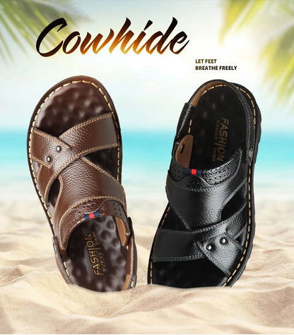 Herren-Ledersandalen für den Sommer, rutschfeste Herrenschuhe aus echtem Leder, Hausschuhe, Strandschuhe mit dicker Sohle für draußen, bequeme, weiche Herren-Sandalen