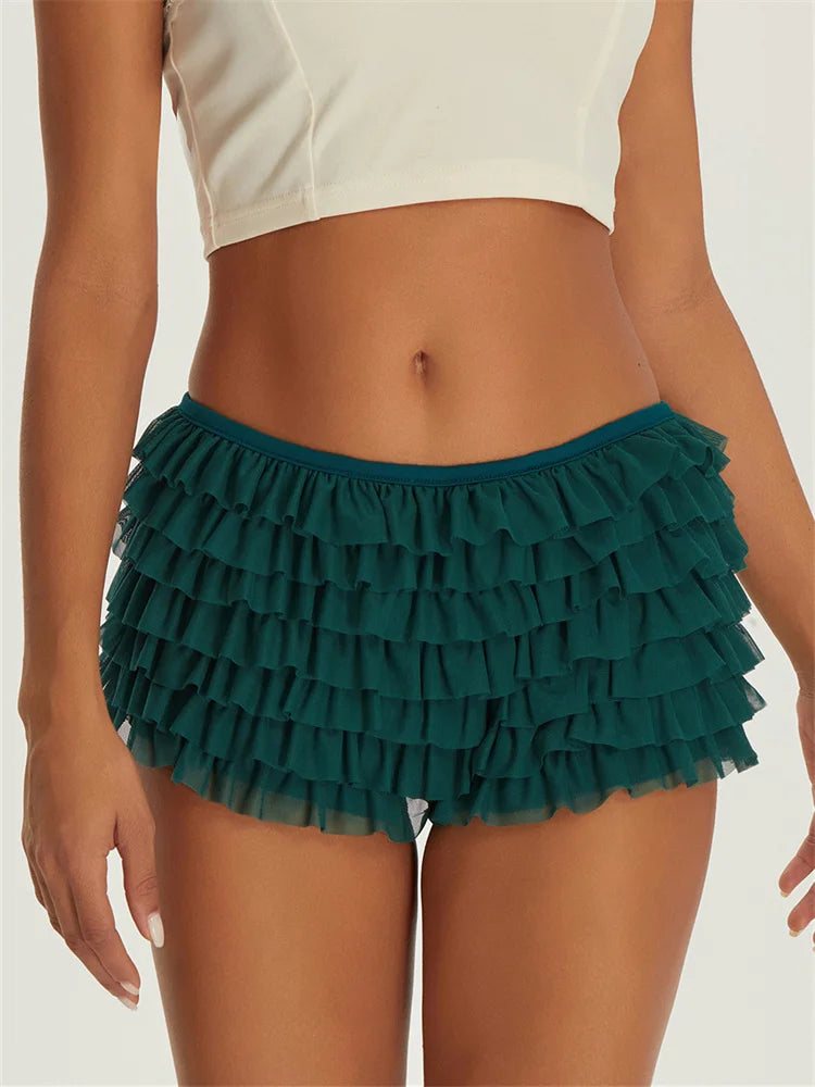 Pantaloncini da donna Pantaloni corti a strati con volant in chiffon tinta unita Vita elastica Bloomers casual Pantaloncini caldi sexy Abbigliamento da casa