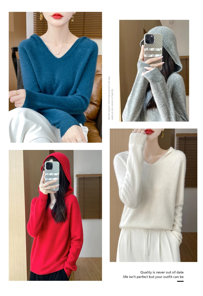 Abbigliamento donna autunno inverno colletto con cappuccio pullover maglione di lana merino 100% nuova moda top in cashmere che tocca il fondo maglieria morbida