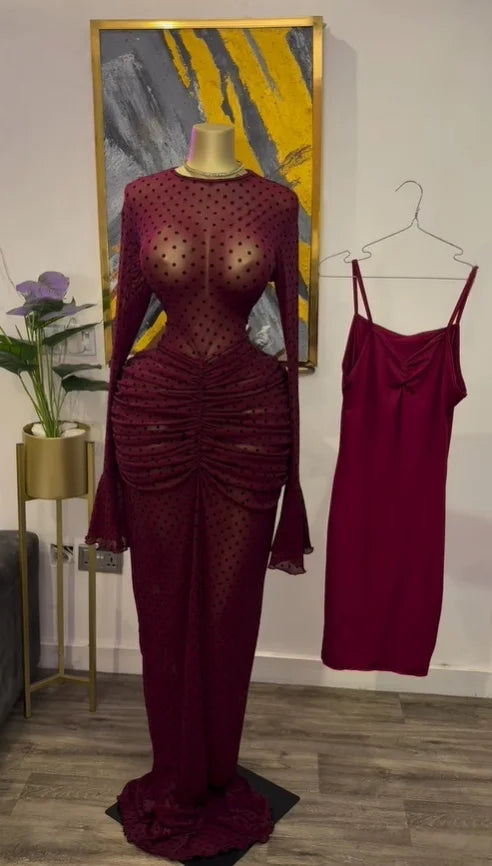 CM.YAYA Abito lungo aderente da donna a maniche lunghe in rete increspata trasparente con fodera 2025 Abiti da festa sexy per compleanno da sera autunnale