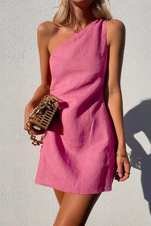 Summer Sexy Women Fashion Solid Mini Dress One-shoulder Asymmetric Diagonal Collar Cotton And Linen Casual Loose Elegant Dress