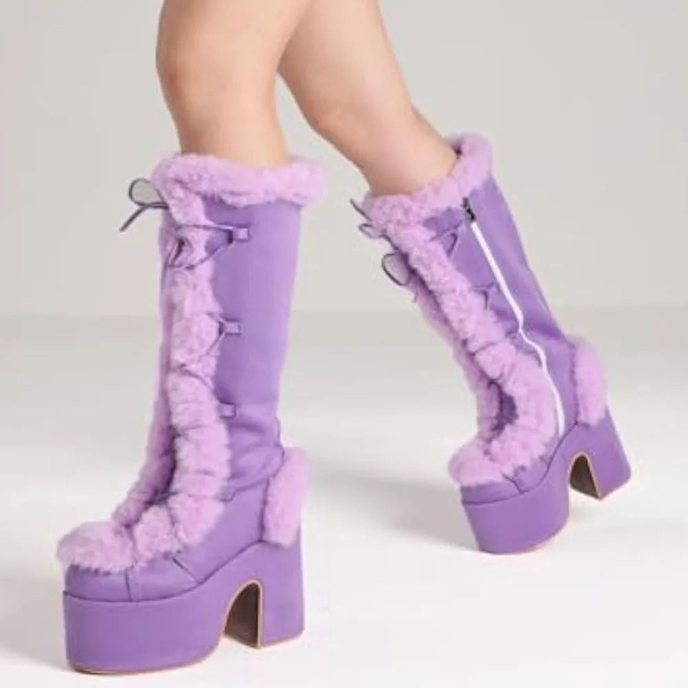 Big Size 46 Winter y2k Pink Knee High Boots Women White Chunky Platform Boots Gothic Black Faux Fur Block High Heels Boots Shoe