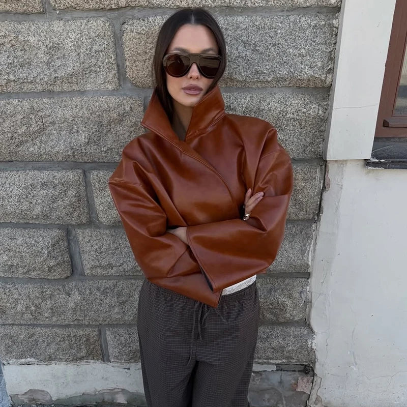 Cappotto da donna ampio a tinta unita, a maniche lunghe, con collo alto, top corto, moda estiva autunnale 2026, capospalla femminile streetwear