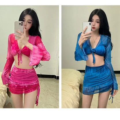 Women's Bikini Set Tie Dye Triangle Halter Top Bell Sleeve Cover Up Ruched Side Skirt Sexy Summer Beach Bathing Suit Swimwear
