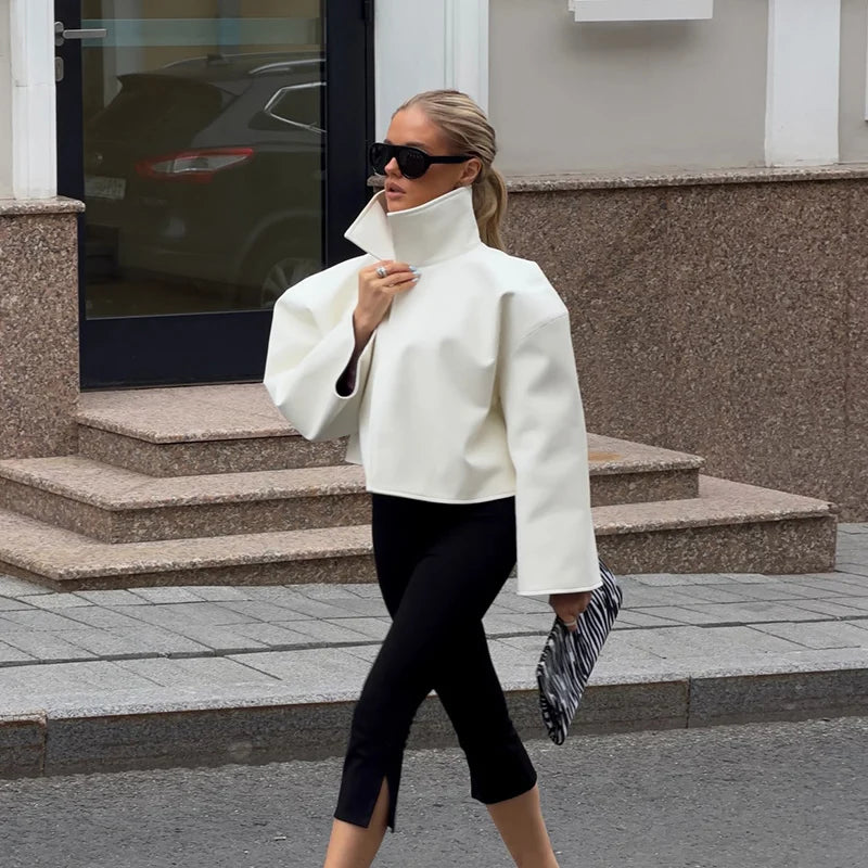 Cappotto da donna ampio a tinta unita, a maniche lunghe, con collo alto, top corto, moda estiva autunnale 2026, capospalla femminile streetwear