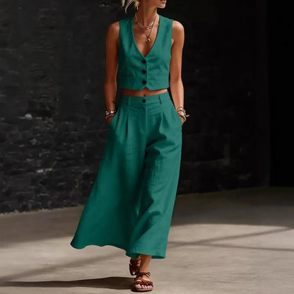 Summer Sexy V-neck Button Vest Top and Wide Leg Pants Outfits Women's Elegant Solid Color Temperament Slim Fit Vacation Suit