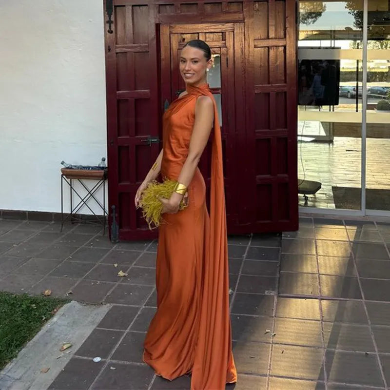 Elegante Abito Lungo da Festa in Raso con Nastro, Vestito Femminile Senza Maniche con Schiena Scoperta, Abiti Chic da Sera Primavera-Estate 2026