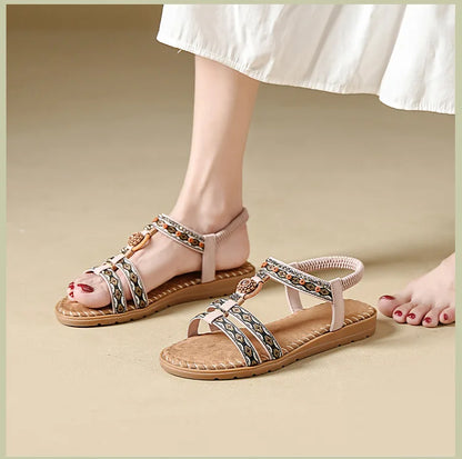 Elegante Damen-Sommersandale im Bohemian-Stil, rutschfest, bequem, für Alltag, Urlaub, flache Strandschuhe