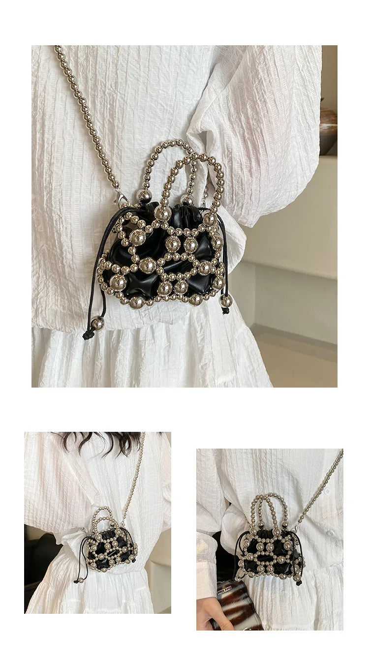2024 estate piccole borse a tracolla per le donne Fine Fashion Hollow Pearl Beaded Weave Mini borse Trendy Party Prom frizioni borse