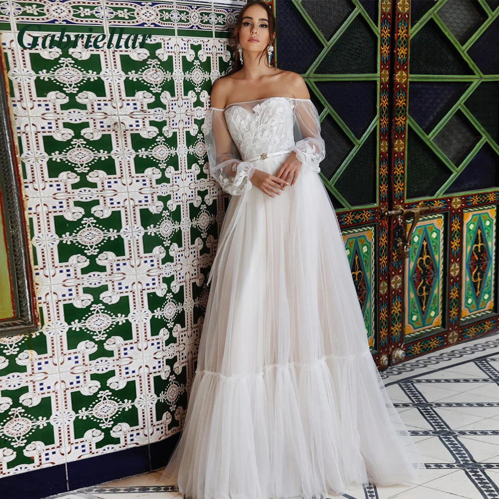 Gabriellar eleganti abiti da sposa a sirena per le spose scollo a V applicazioni tulle volant pieghe al largo della spalla personalizzati