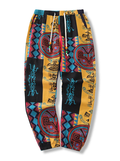 Pantaloni da uomo in lino elasticizzato con stampa tribale Boho Pantaloni leggeri con coulisse in misto cotone con tasche Pantaloni da jogging estivi