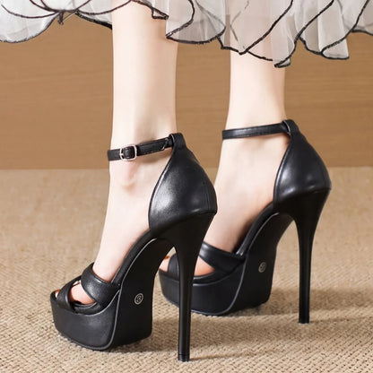 Sandales d'été à plateforme épaisse pour femmes, chaussures de défilé de super mannequin, talon haut fin de 14 cm, talon couvert noir, chaussures de soirée élégantes