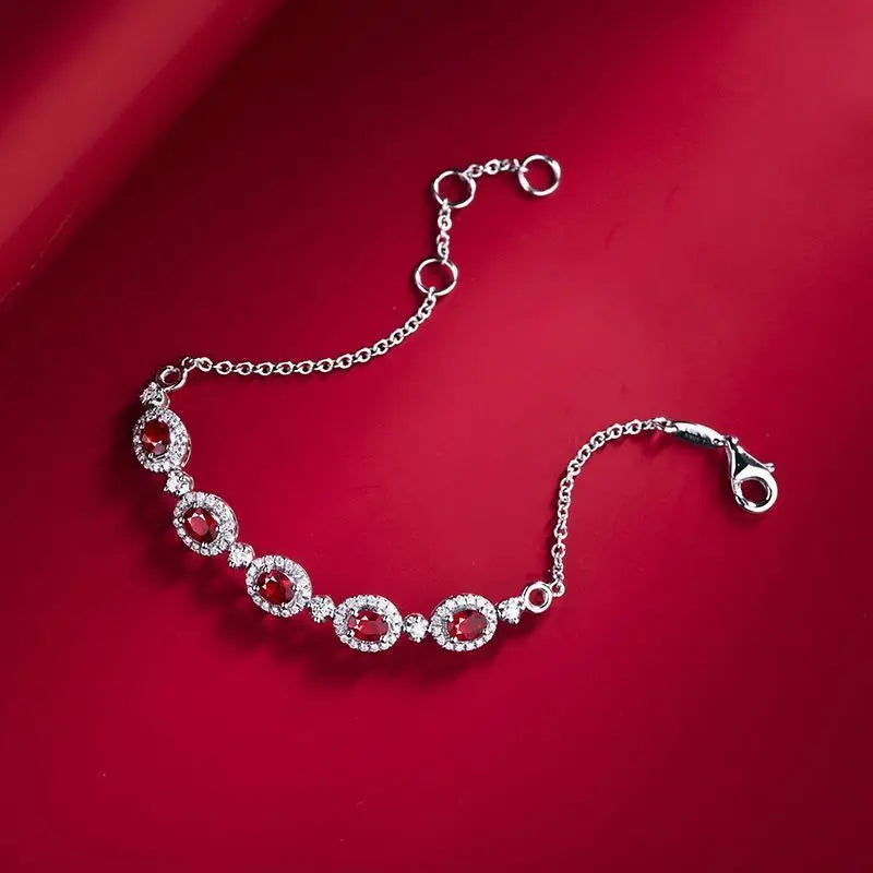 Bracciale in argento 925 con diamanti tempestati di rubini Bracciale ovale in stile trendy squisiti braccialetti rossi di fascia alta gioielli da sposa regali donna