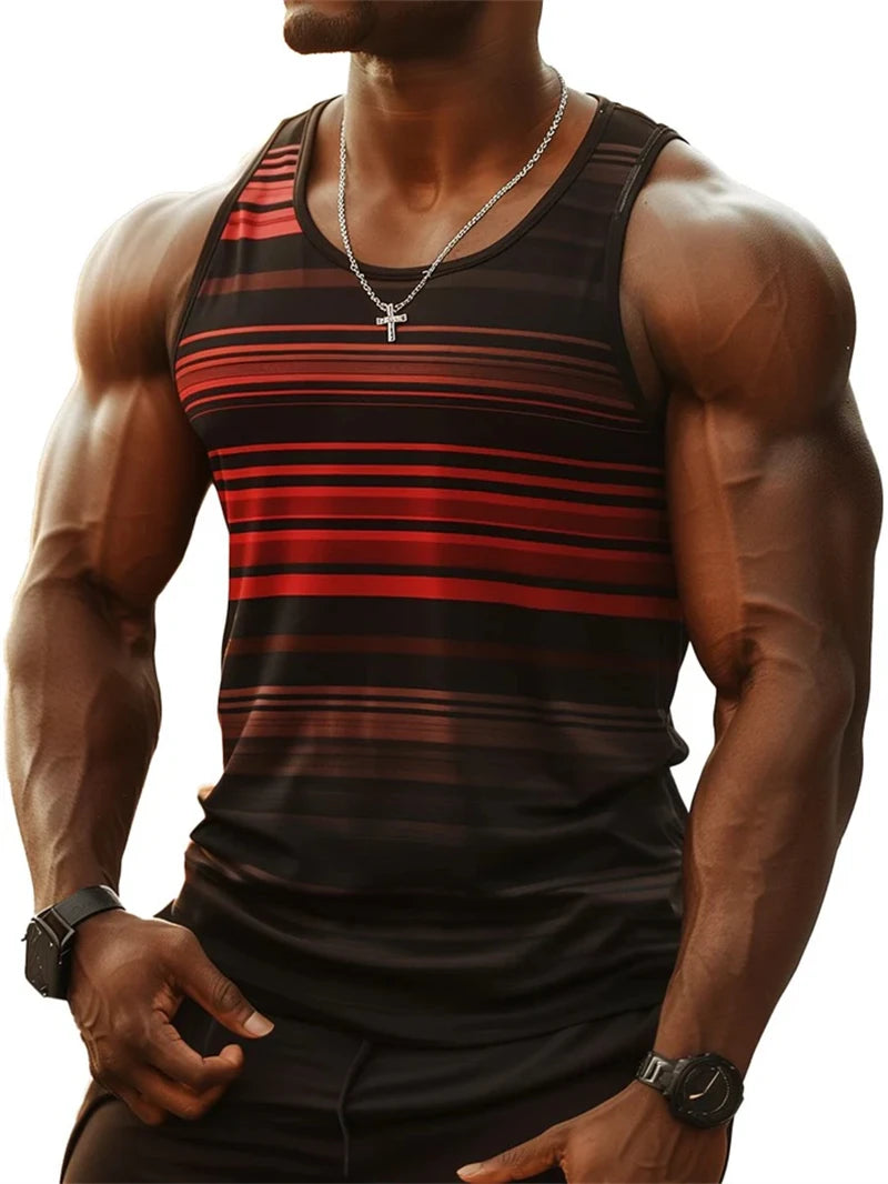 Mens Retro Stripe Graphic Tank Tops Fashion Summer Sleeveless Casual 3D Printed Vest Loose Quick Dry Breathable Tees Pullovers