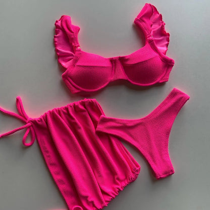 Costume da bagno a vita bassa in tessuto ondulato solido copricostume per donna costume da bagno Push Up con volant a tre pezzi 2023 costumi da bagno da spiaggia