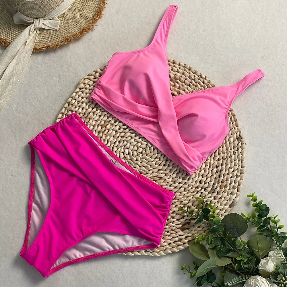 swimsuit ladies Women's High Waist  Bikini Sets Sporty Two Piece Swimsuits Solid Colors High Cut Bathing Suits Women Bikini Sets