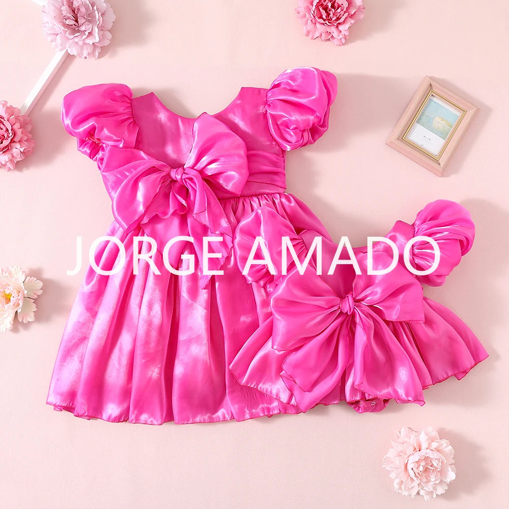 Completi Estivi Coordinati per Gemelle, Body a Maniche Corte con Grande Fiocco, Abiti Principessa con Schiena Scoperta, Abbigliamento per Bambine H0404