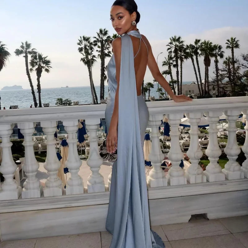 Abito Lungo Sexy Senza Maniche con Nastro, Elegante Vestito da Donna Slim in Raso con Schiena Scoperta e Lacci, Abito da Festa alla Moda 2026, Tinta Unita, per Vacanze, da Donna