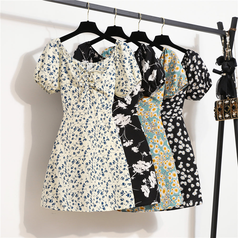 Mini abiti da donna Moda estiva Abiti femminili Stampa Abiti in chiffon floreale Abito casual con maniche corte a pieghe arricciate