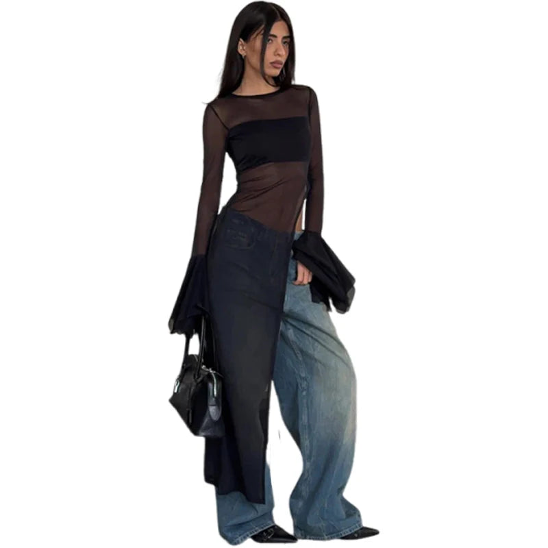 Maglietta da donna con orlo irregolare, design originale e sensuale, patchwork, scollo rotondo, maniche svasate, ideale per l'estate, stile sexy e audace, con spacco lungo, top alla moda.